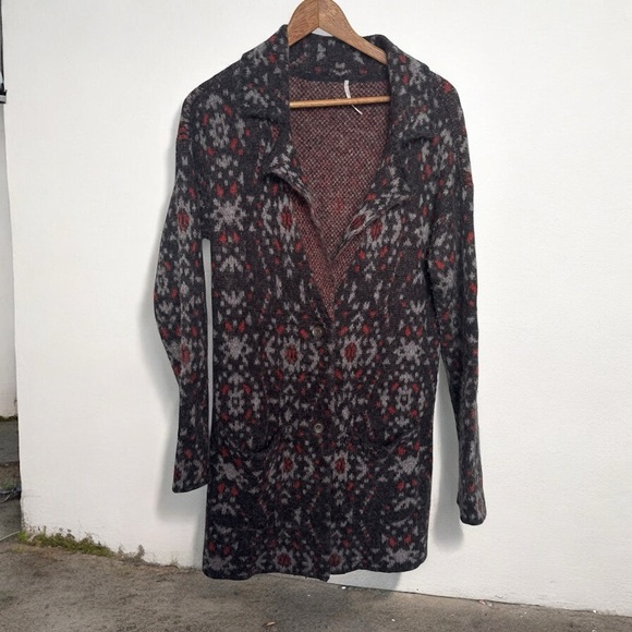 Free People Black South-West Aztec Geo Print Long Cozy Jacket Wool Alpaca S - Picture 1 of 5